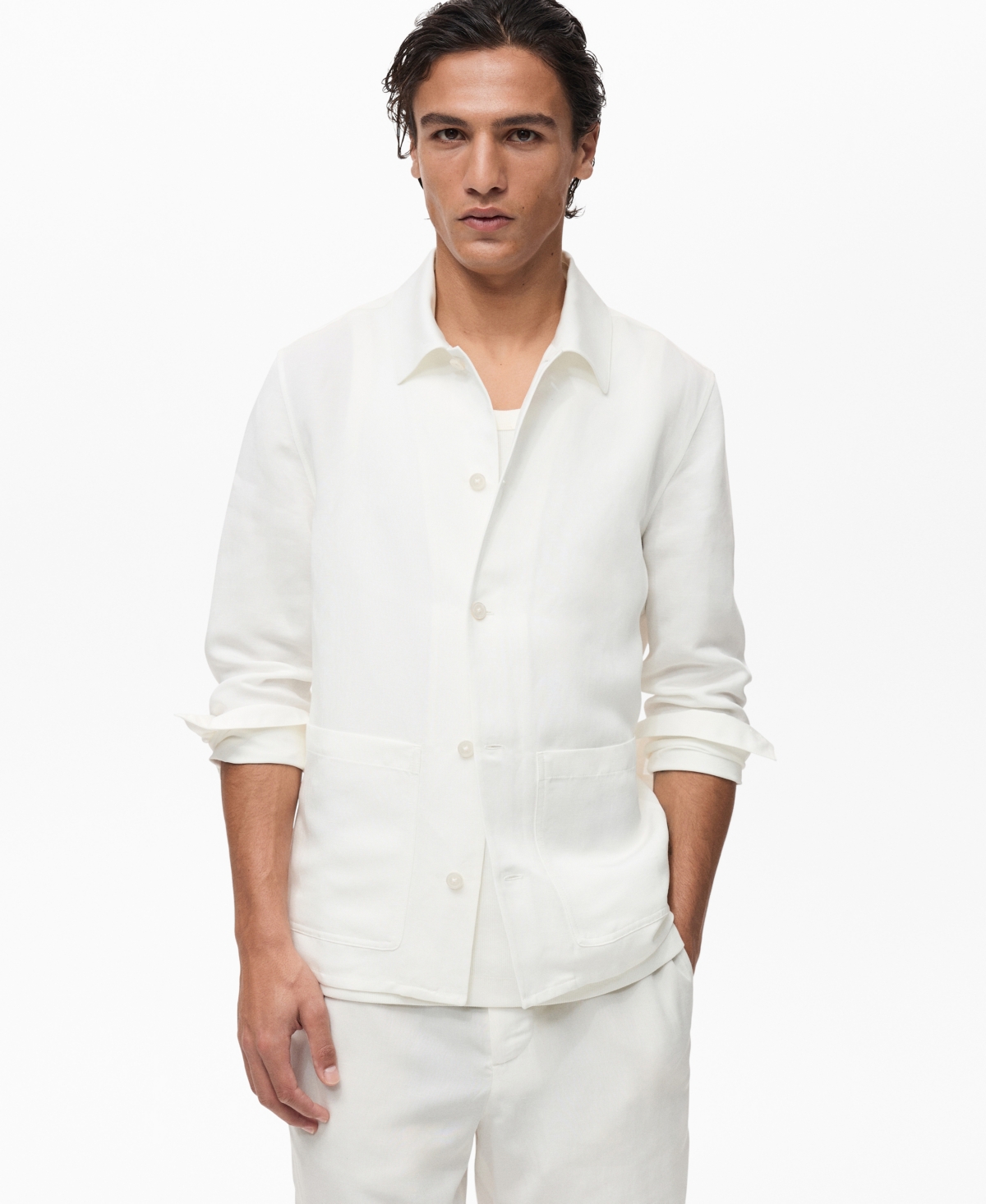 Men's Pockets Linen Overshirt - White