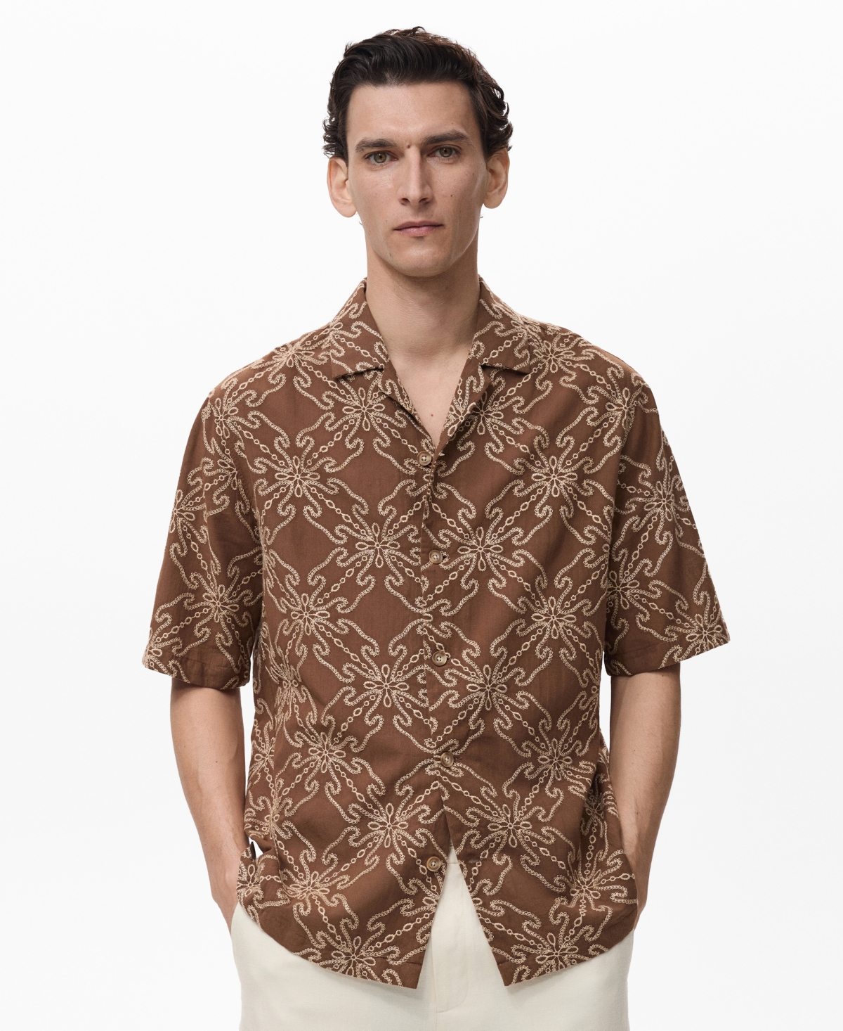 Men's Short-Sleeved Embroidered Shirt - Brown