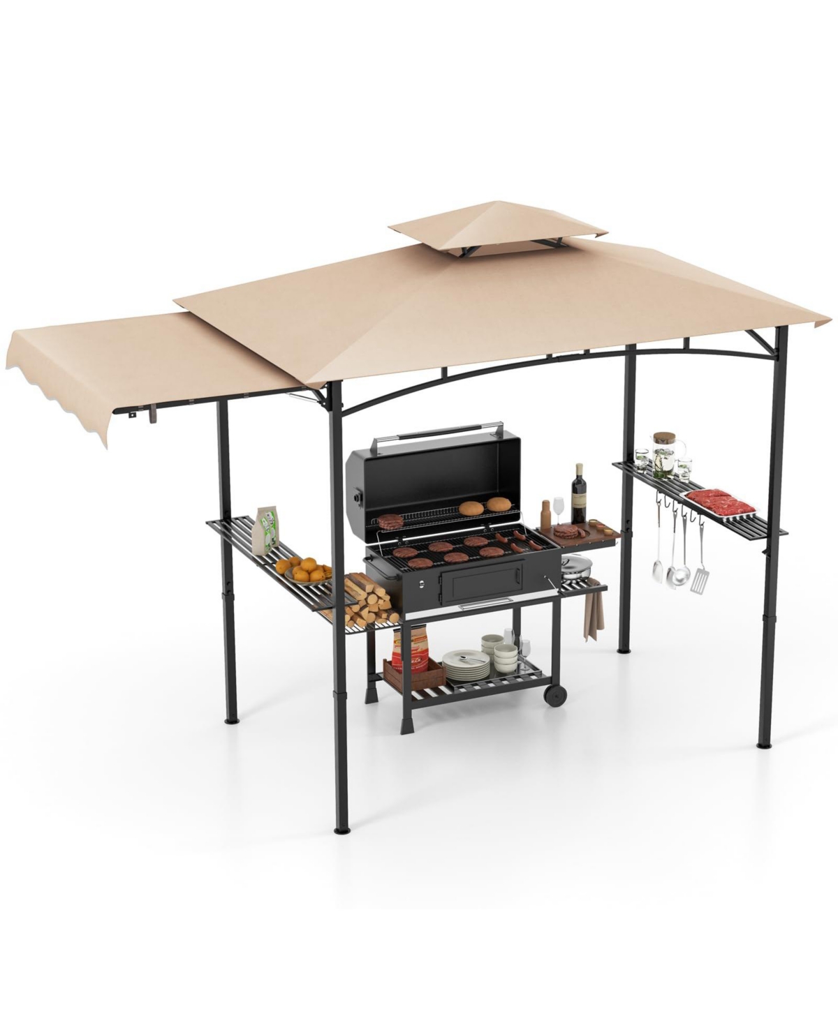 10.5 x 5 Ft Grill Gazebo with Side Awning and Double-Tiered Top - Brown