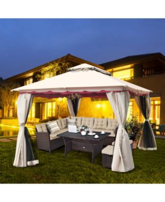 13x10 Feet Patio Steel Gazebo, Large Outdoor Canopy Gazebo with Netting, Side Walls, Zippers, 2 Tier Roof, Steel Canopy Gazebo for Patio, Yard, Garden