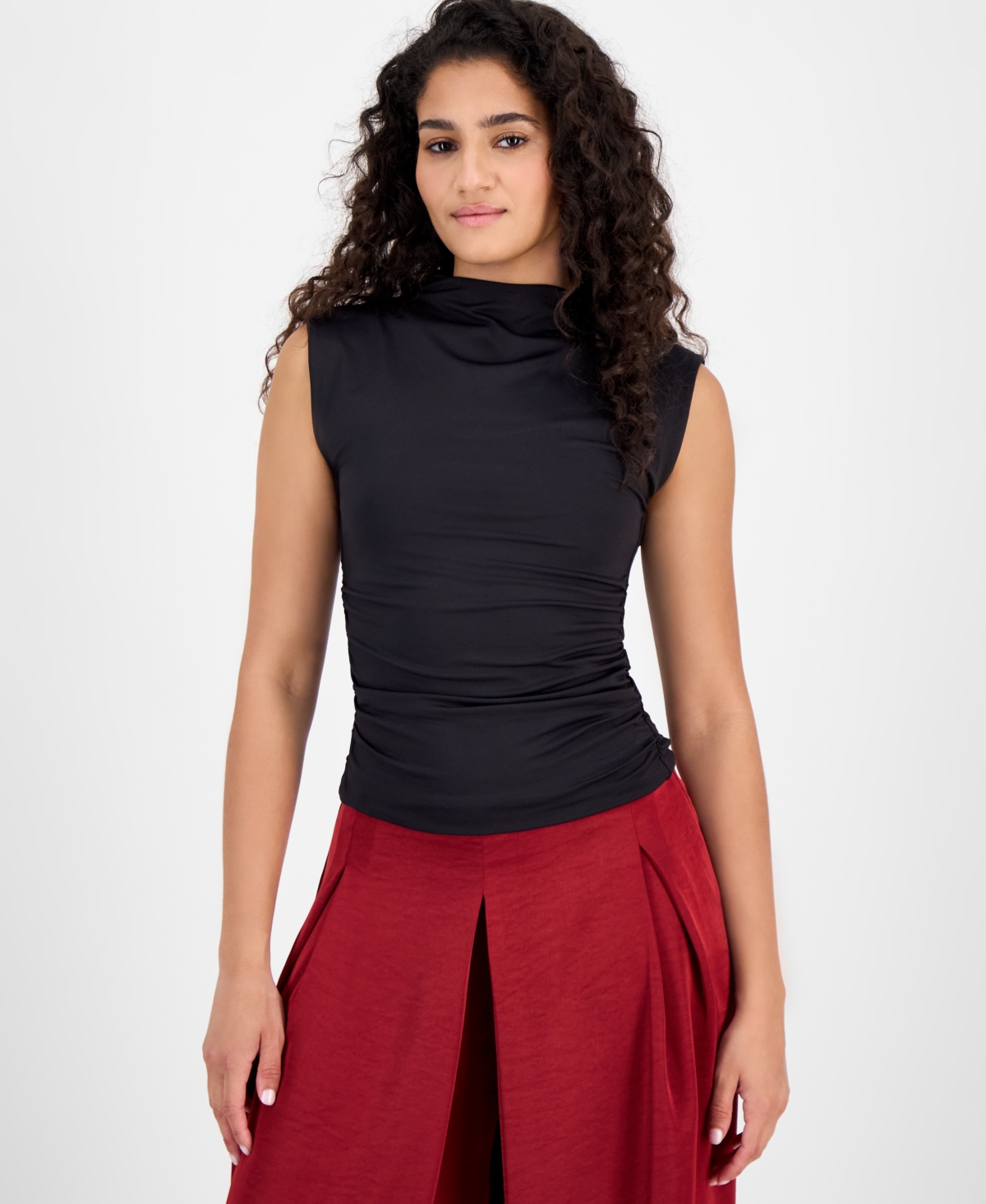 Women's Ruched Mock-Neck Sleeveless Top, Exclusively at Macy's - Deep Black