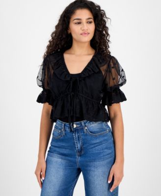 And Now This - Women's V-Neck Ruffle-Trim Mesh Top