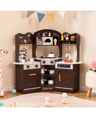Corner Wooden Play Kitchen with Coffee Machine and Slide for Kids