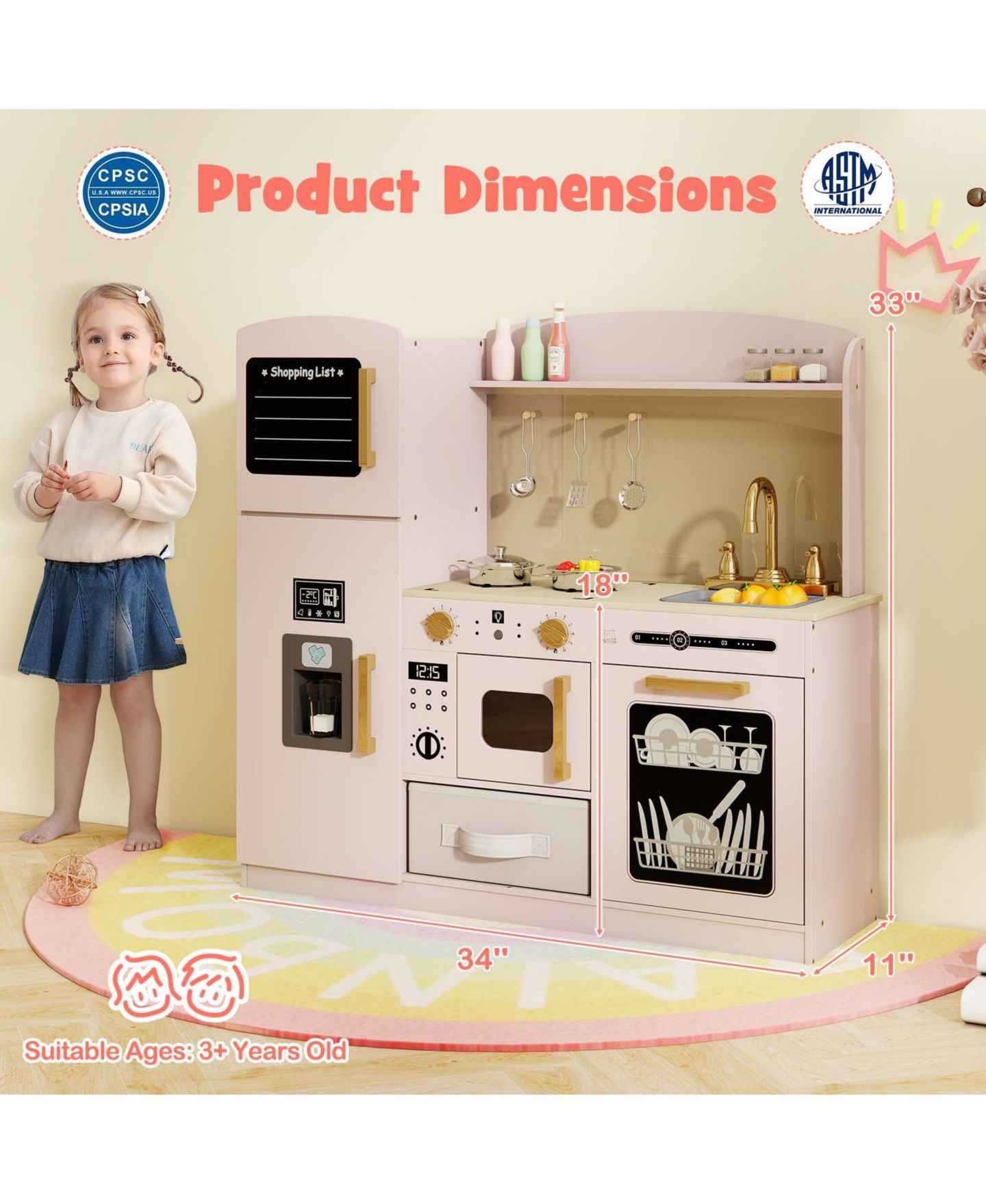 Детская игрушка Mecale Wooden Play Kitchen with Light-Up Microwave, Ice Maker, and Chalkboard, Ages 3+, цвет: Розовый — фото 3