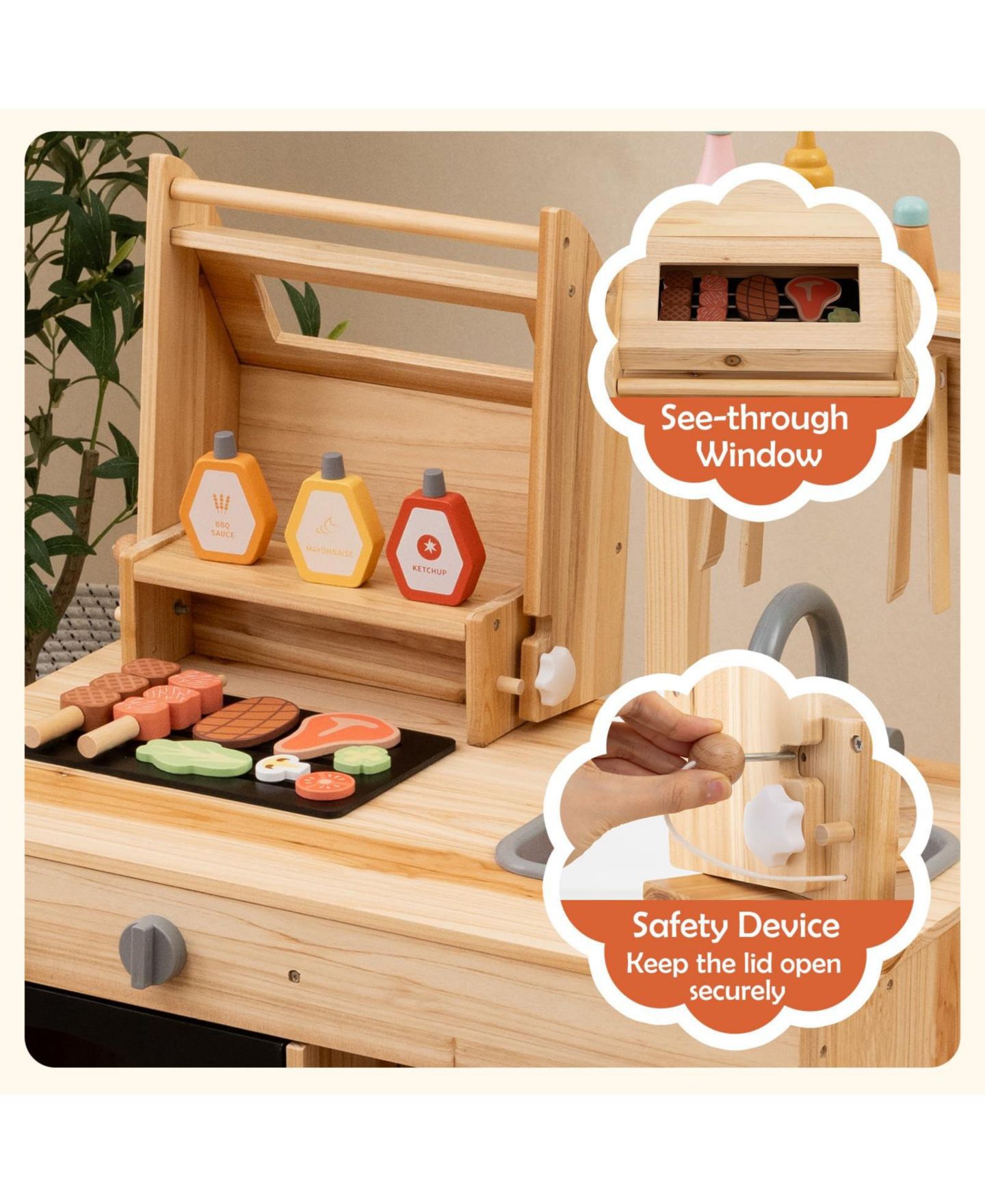 Детский игровой набор Mecale Wooden Barbecue Grill Playset with Chalkboard and Removable Sink, Ages 3+, цвет: Натуральный — фото 7