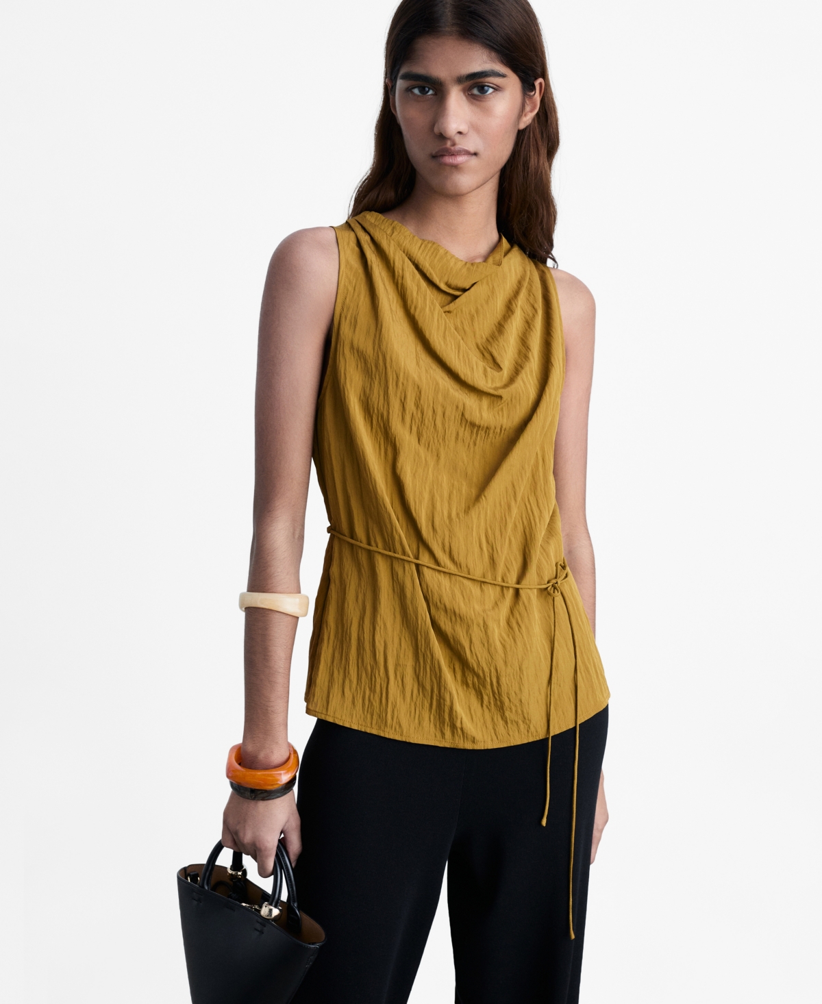 Mango Texture Tie Waist Sleeveless Top In Green