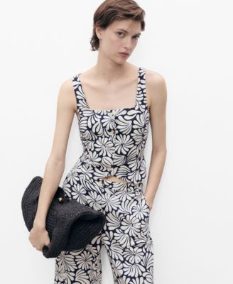 MANGO - Women's Floral Fitted Linen Top