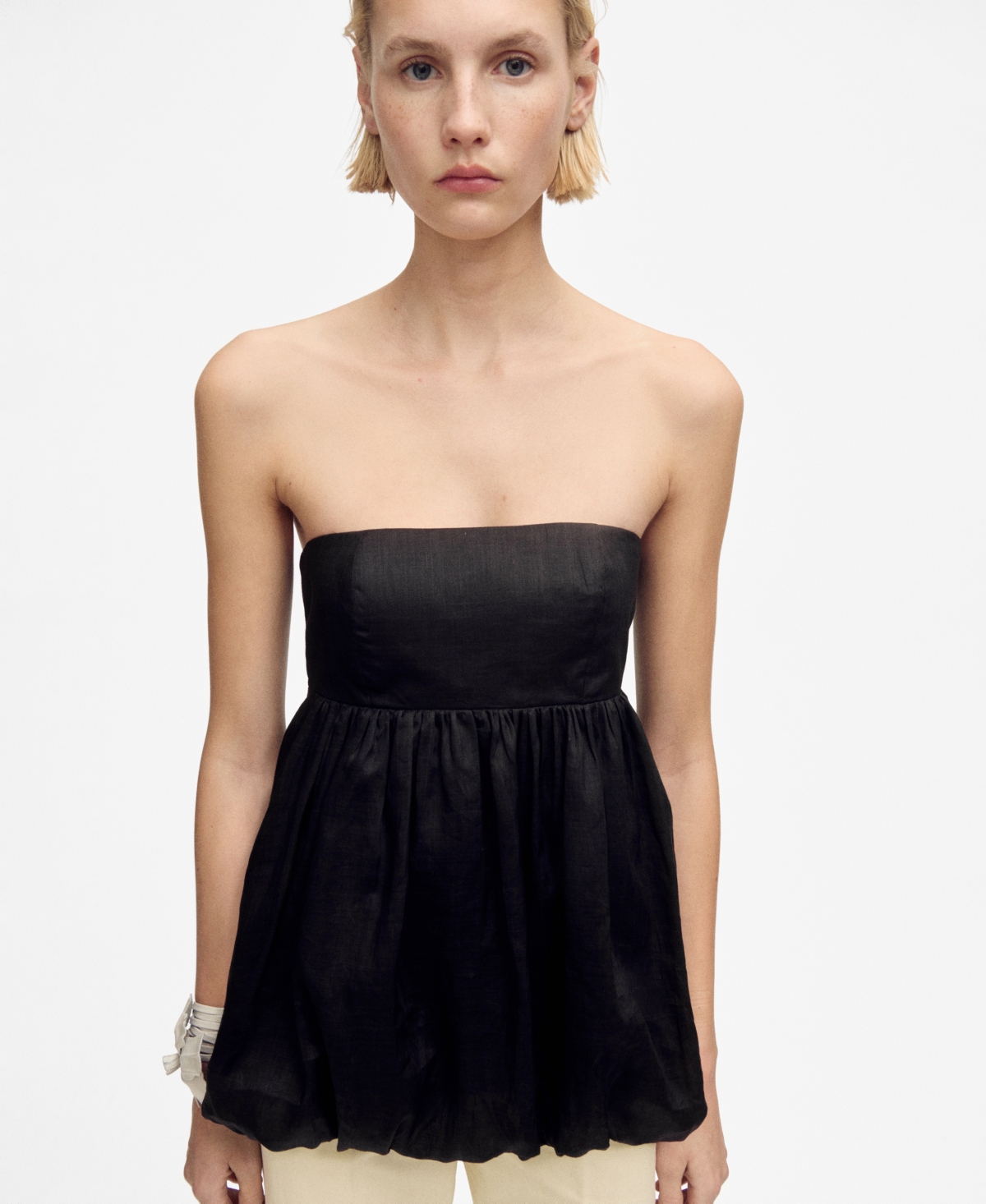 Mango Women's Balloon-effect Ramie Top In Black