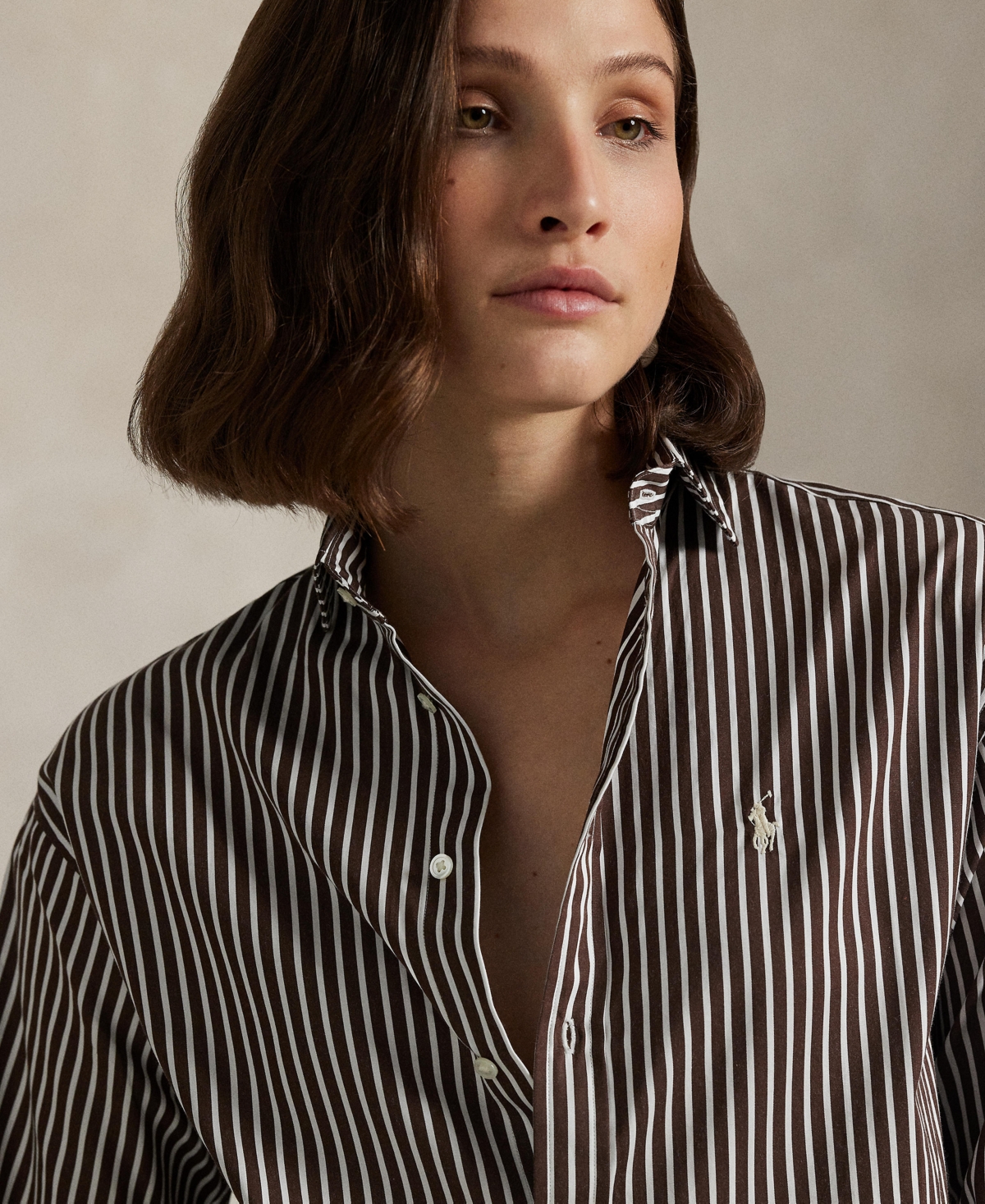 Polo Ralph Lauren Striped Cotton Poplin Blouse With Pointed Collar And Iconic Logo In Gray