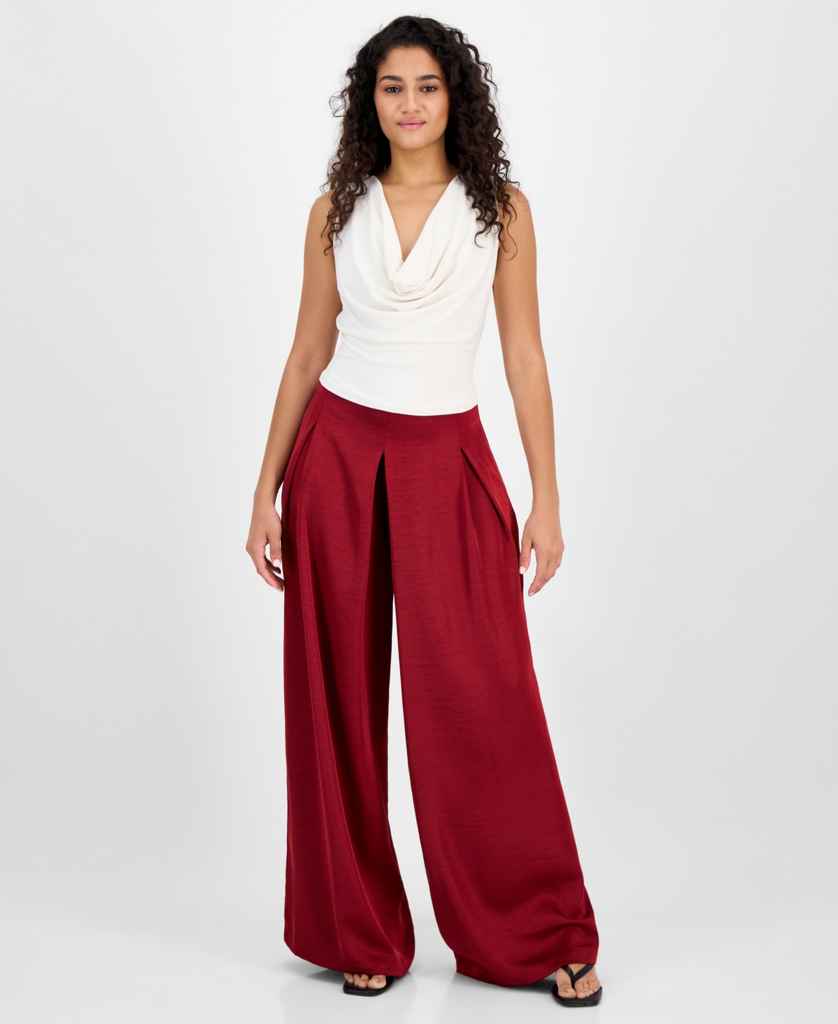 Women's High-Rise Pleated Wide-Leg Satin Pants, Exclusively at Macy's - Carmine Red