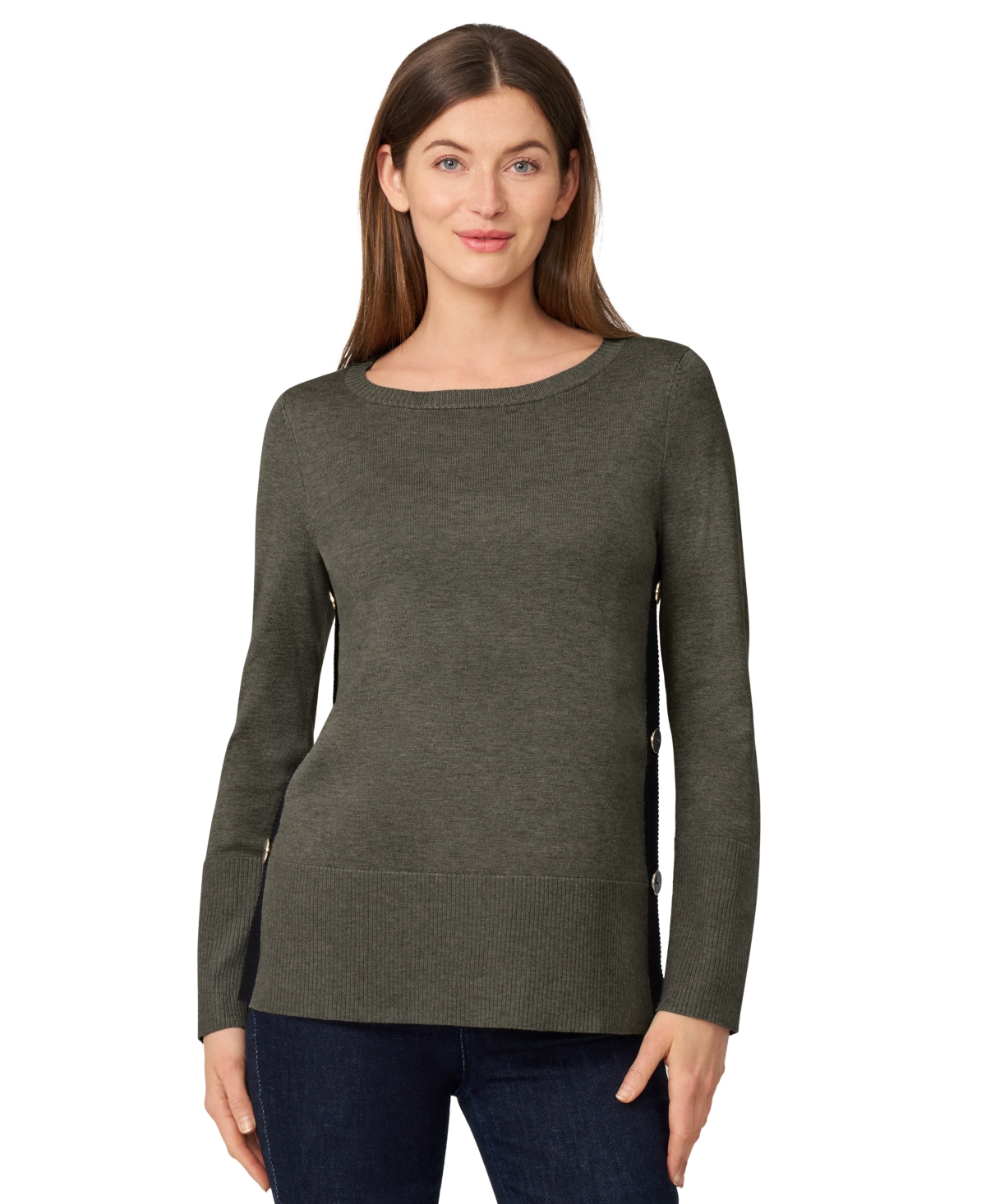 Melissa Paige Women's Contrast-trim Side-button Tunic Sweater In Gray