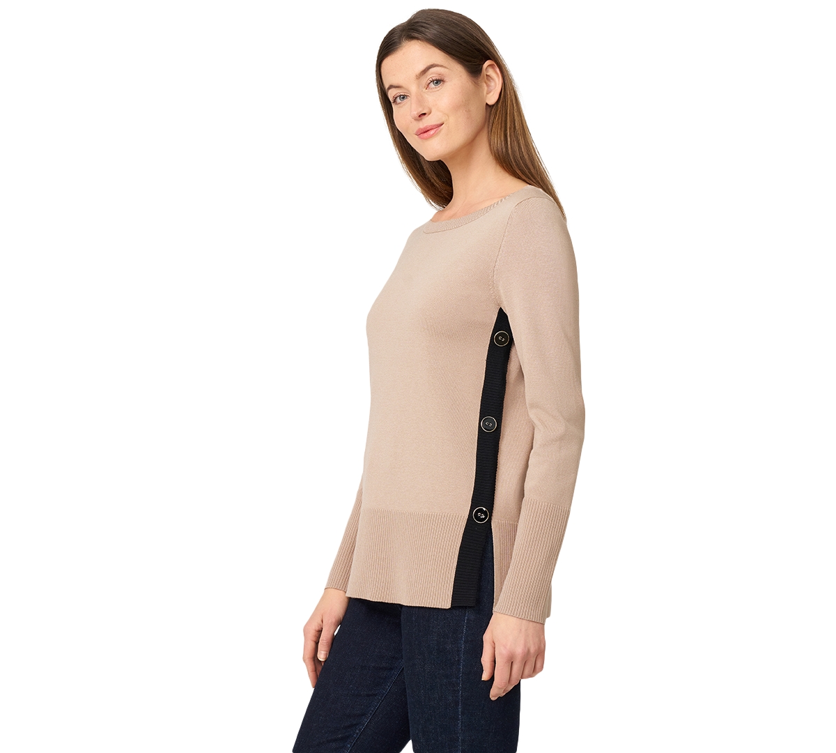 Melissa Paige Women's Contrast-trim Side-button Tunic Sweater In Brown