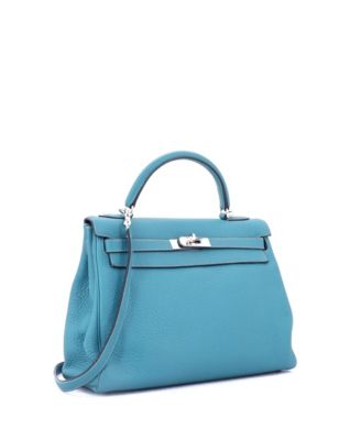 Pre-Owned Hermes Kelly 32 Handbag Blue Clemence with Palladium Hardware