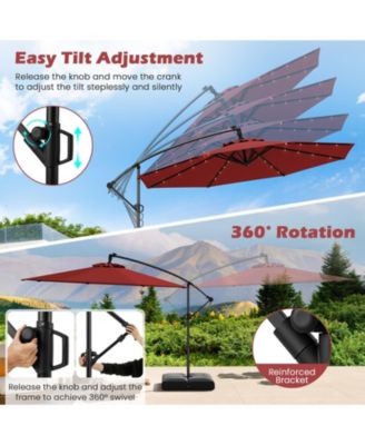 10 FT Solar Offset Hanging Umbrella Patio Cantilever Umbrella w/ 32 LED Lights