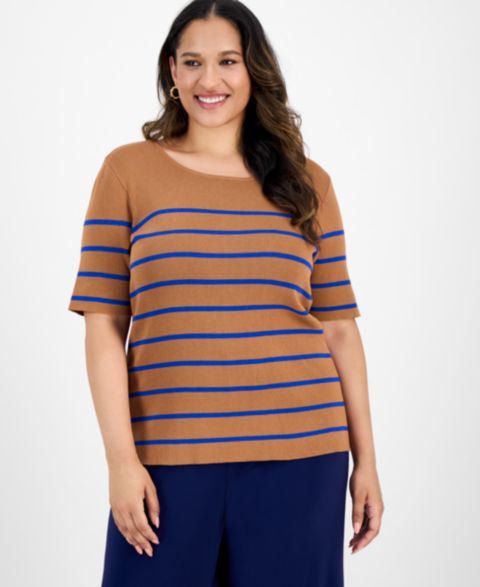 Женский топ Tahari ASL Plus Size Striped Short-Sleeve, цвет: Верблюжий королевский синий