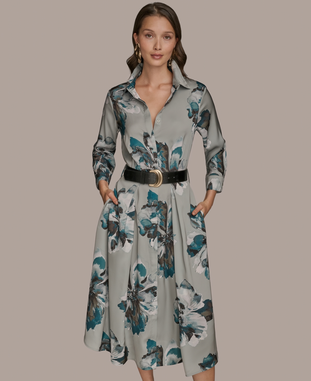 Women's Printed Long-Sleeve Belted Shirtdress - Weathered Sage