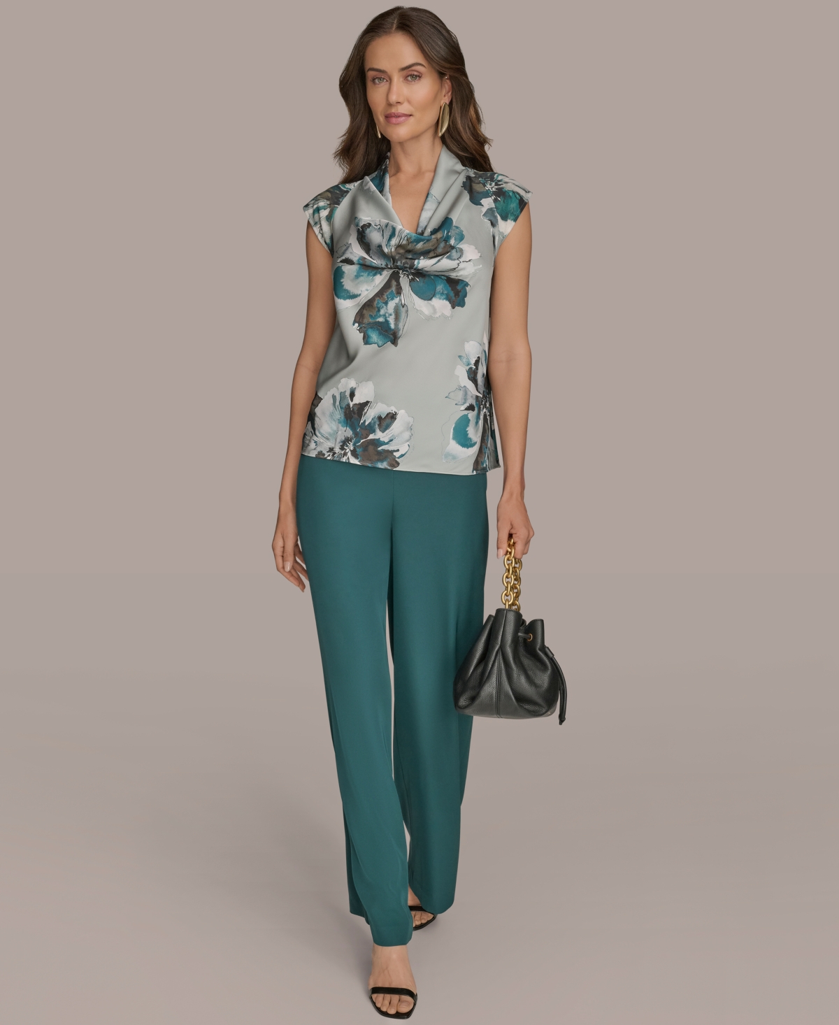 Donna Karan Printed Cap-sleeve Cowlneck Top