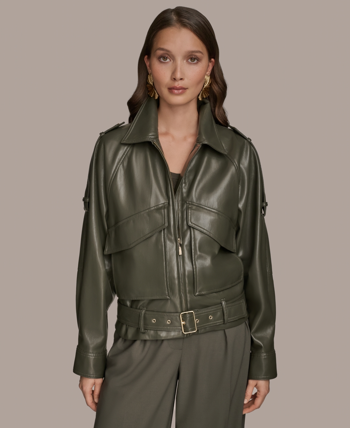 Women's Faux-Leather Zip-Front Belted Jacket - Dark Mineral