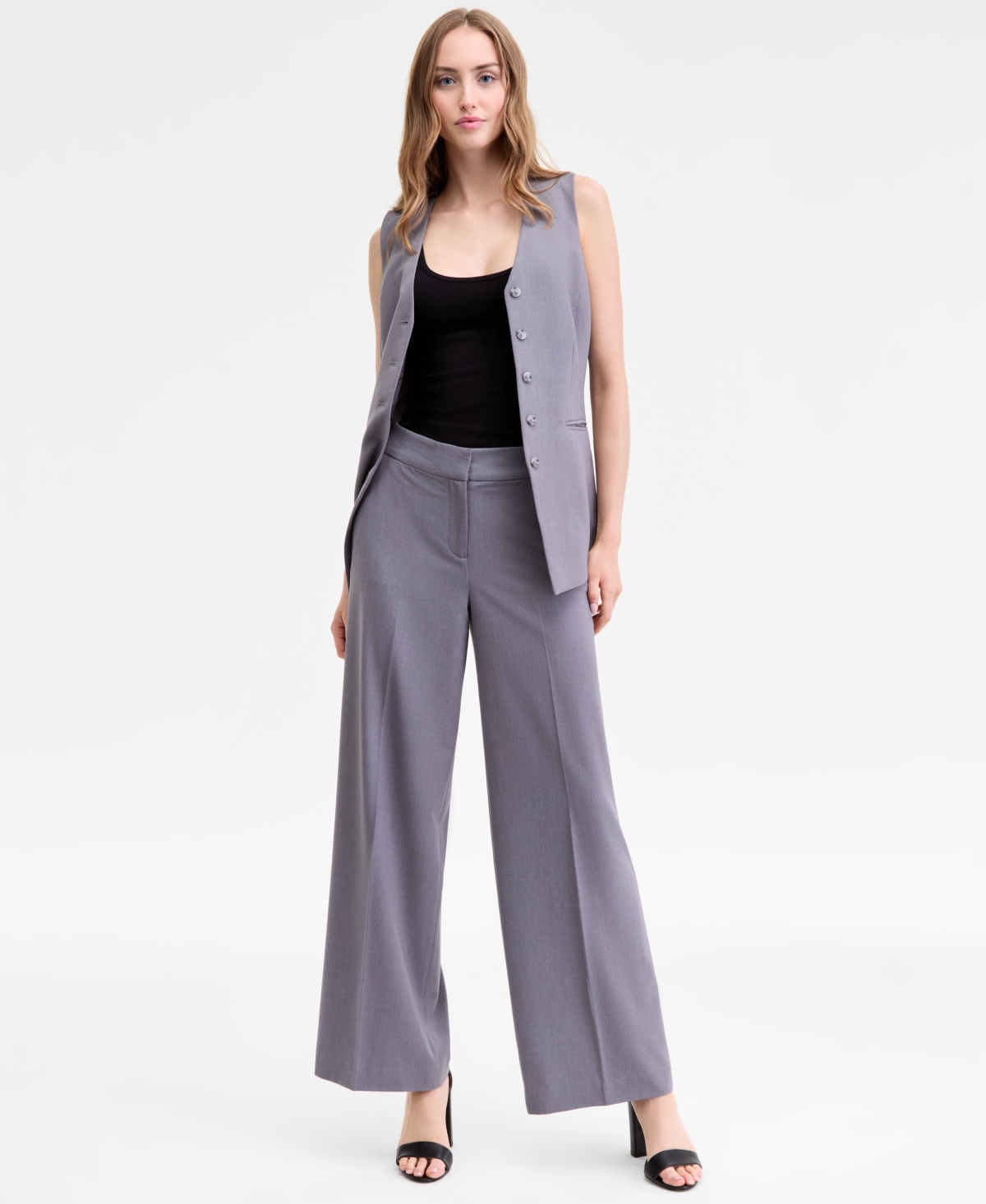 Tahari Asl Bi Stretch Tunic Vest Wide Leg Pants In Gray