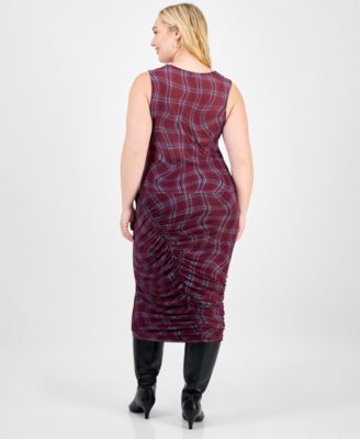 Bar Iii Trendy Plus Plaid Asymmetric Ruching Top Skirt Macys Exclusive In Burgundy