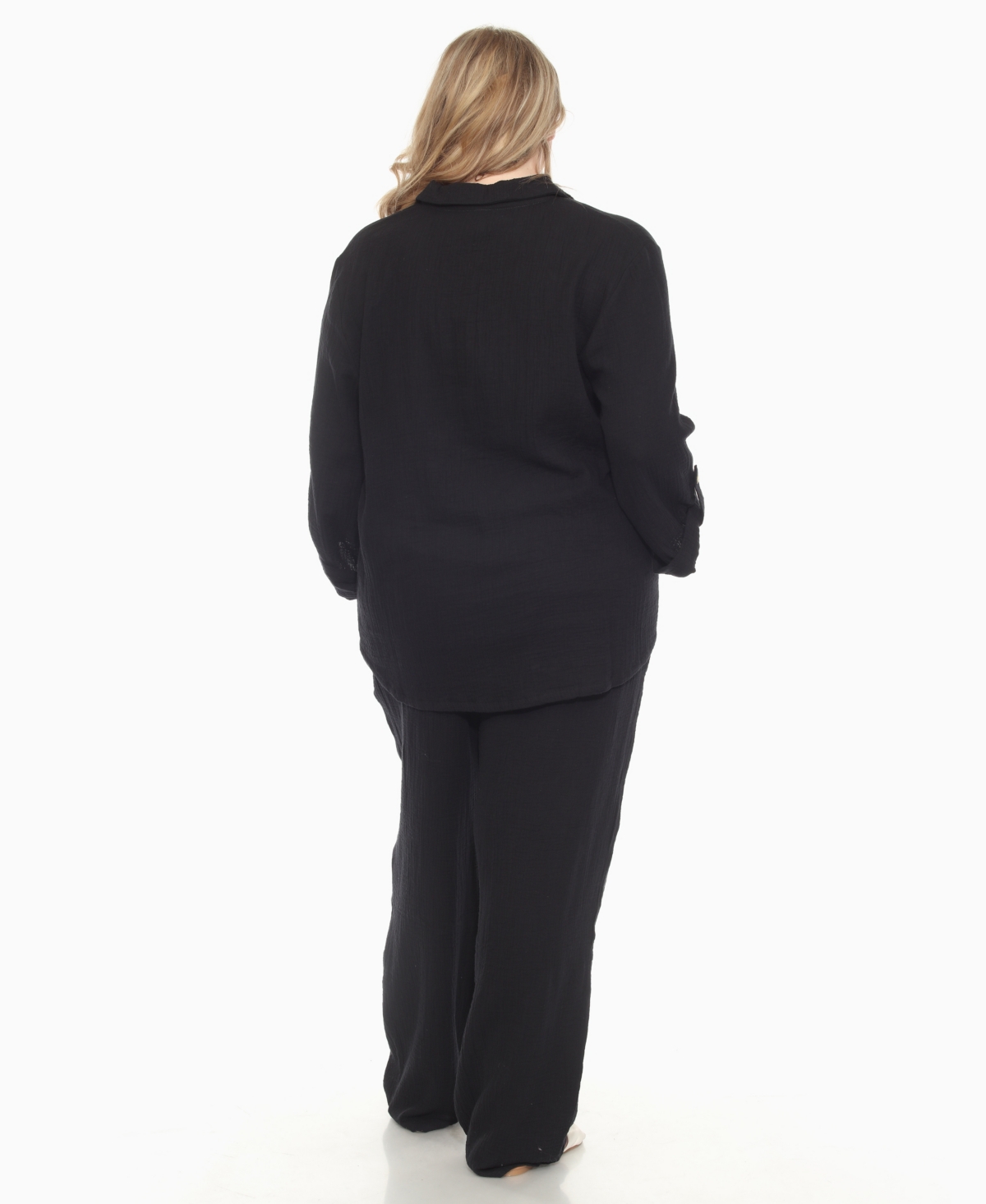 White Mark Plus Size Long Sleeve Button Down Cotton Gauze Set In Black