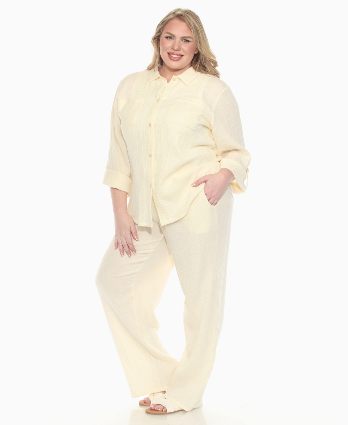 White Mark Plus Size Long Sleeve Button Down Cotton Gauze Set In White