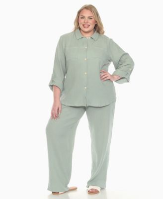 Plus Size Long Sleeve Button Down Cotton Gauze Set