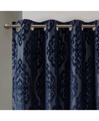 Mirage Knitted Jacquard Damask Total blackout curtains for bedroom, Silver grommet top fit up to 1.25 inches rod Single Curtain Panel for Living Room, Width 50 length 108 inches, Pitch Black Ambiance Navy 1 Window Panel