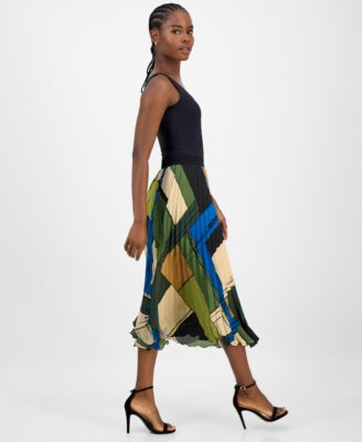 Women's Printed Pleated Flared Midi Skirt