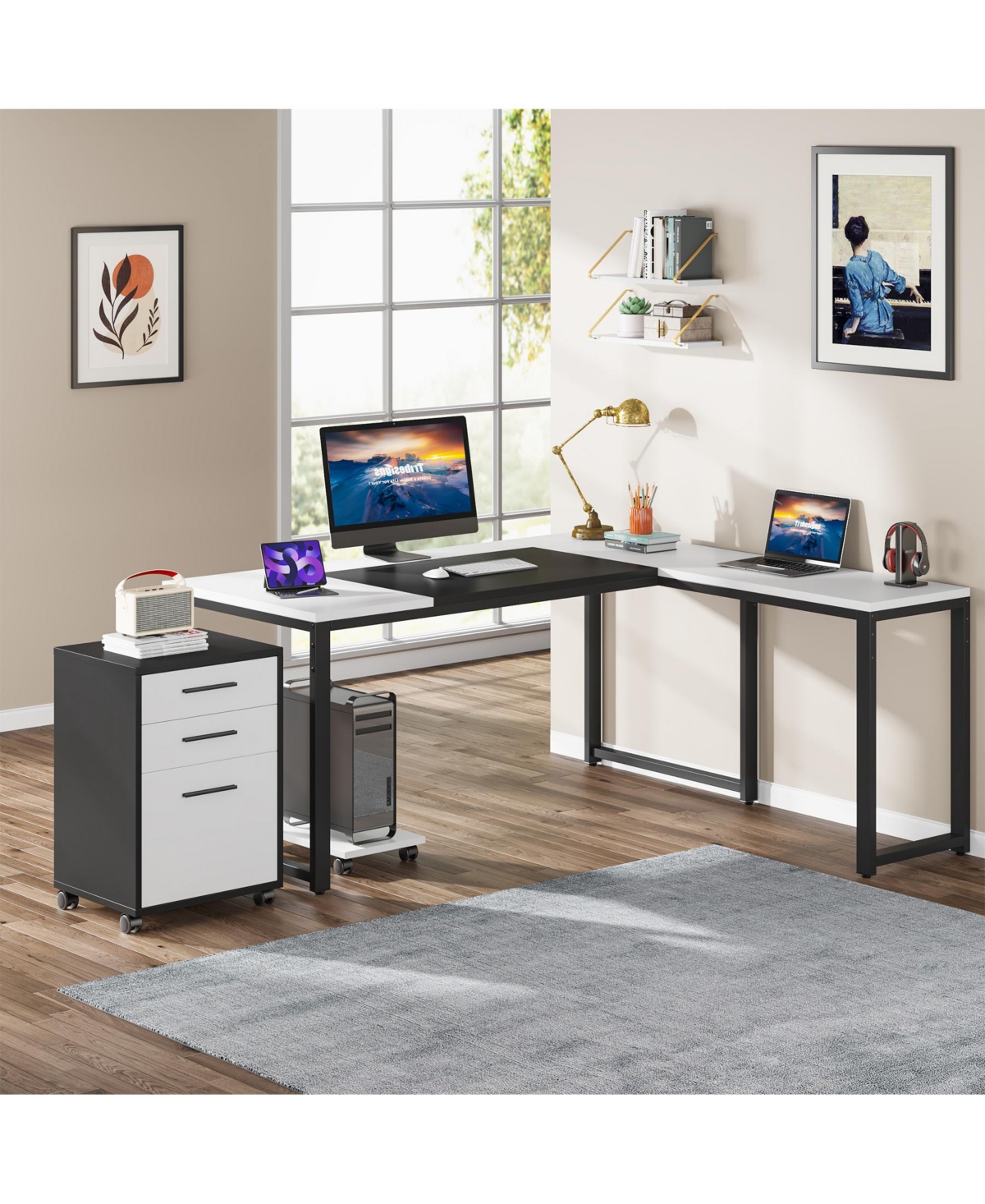 Tribesigns 62.99" L-Shaped Computer Desk with Mobile File Cabinet, Large Executive Office Desk with 3-Drawer Vertical Filing Cabinet, Business Fu