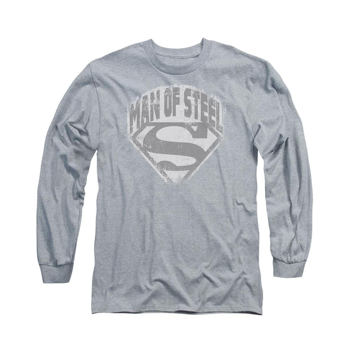 Men's Man Of Steel Shield Long Sleeve Adult Tee / T-Shirt - Medium grey
