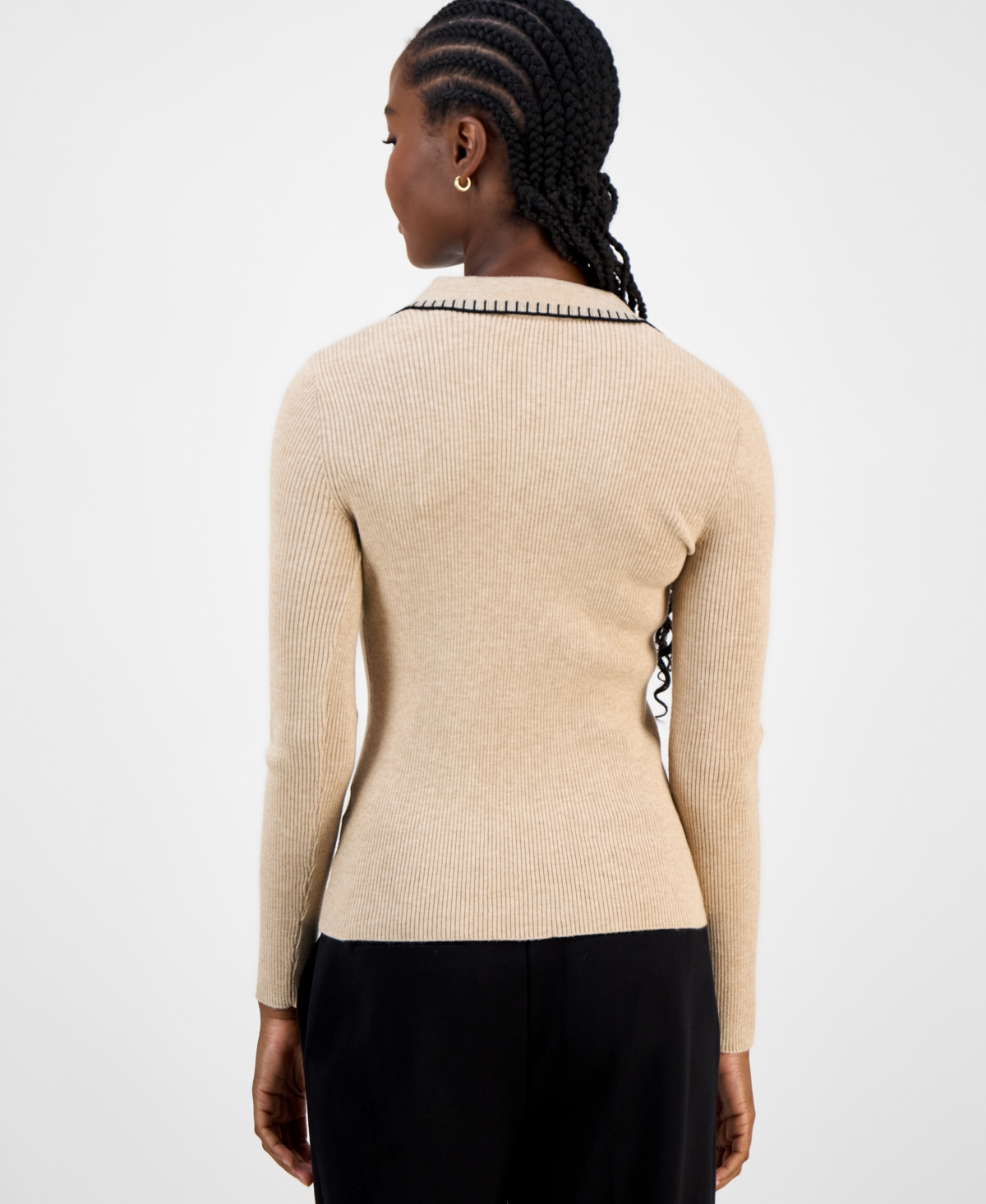 T Tahari Women's Ribbed-knit Polo Top In Brown