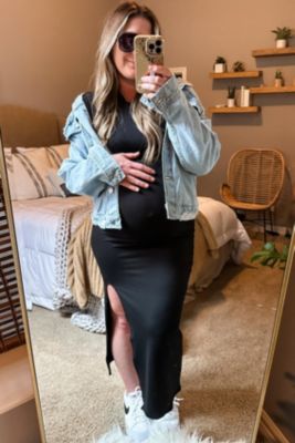 Black Mock Neck Front Slit Short Sleeve Maternity Maxi Dress 