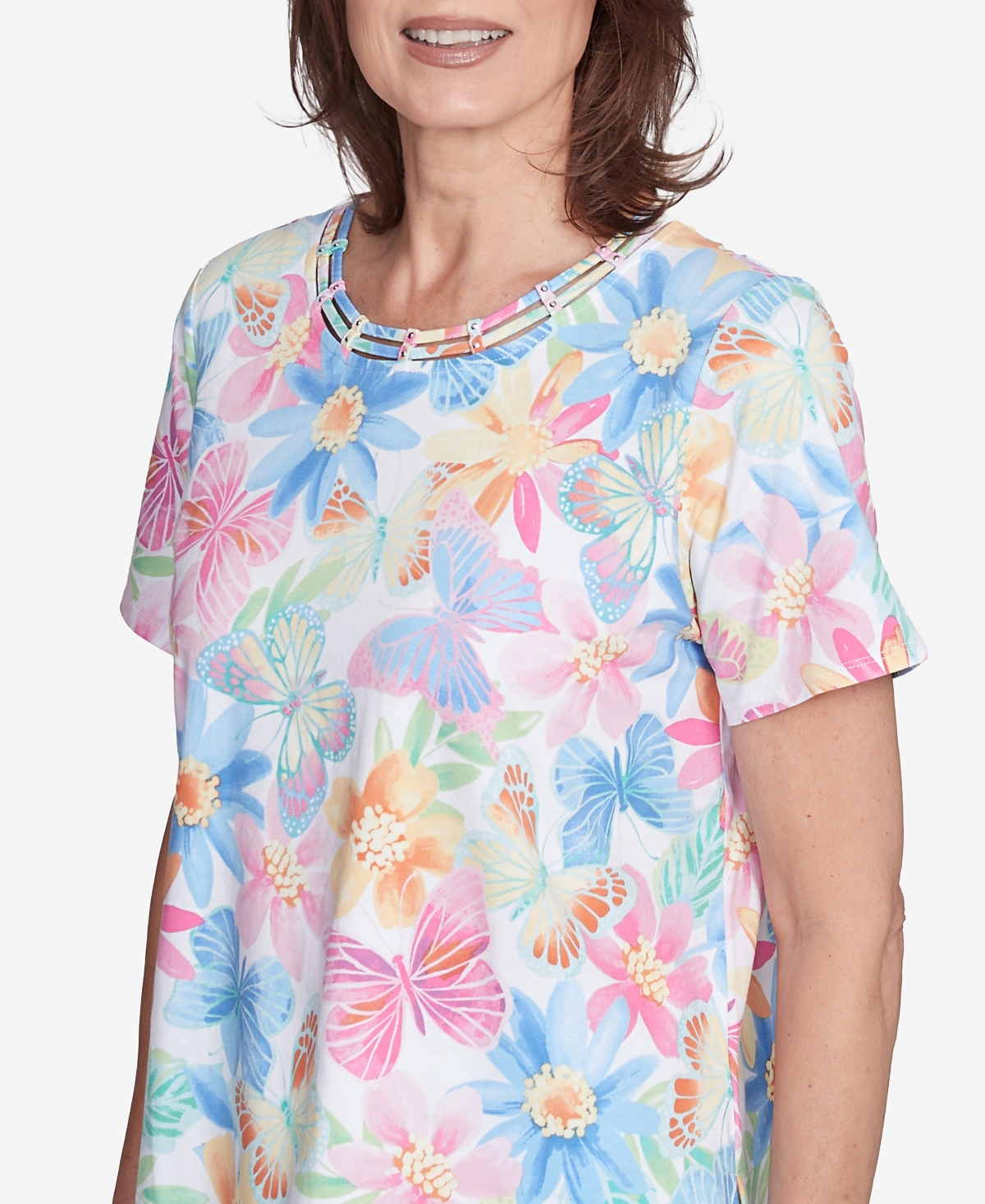 Alfred Dunner Petite Spring Butterfly Crew Neck Top In Multi