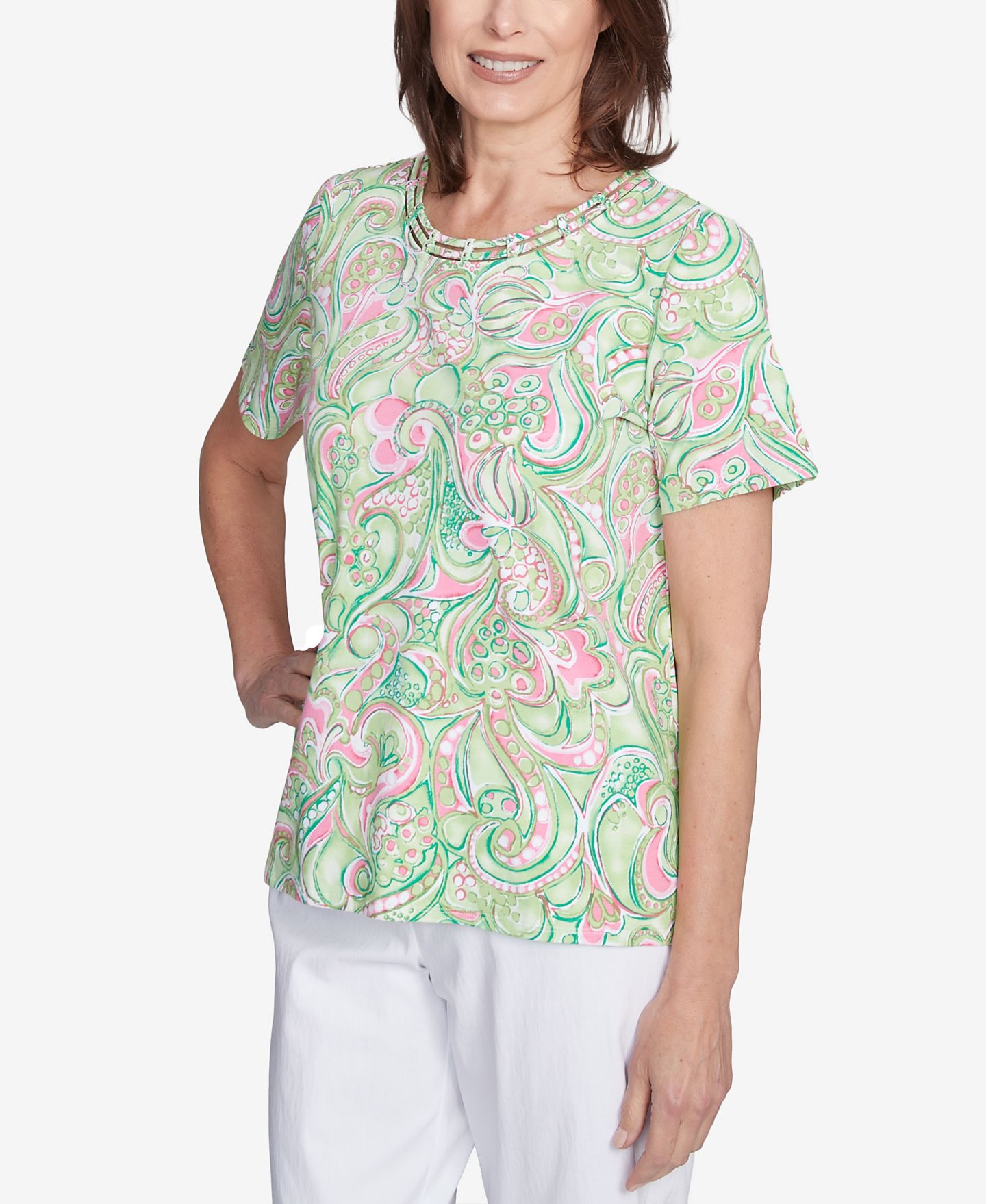 Женский топ Alfred Dunner Petite Abstract Scroll Crew Neck, цвет: Зелёный — фото 5