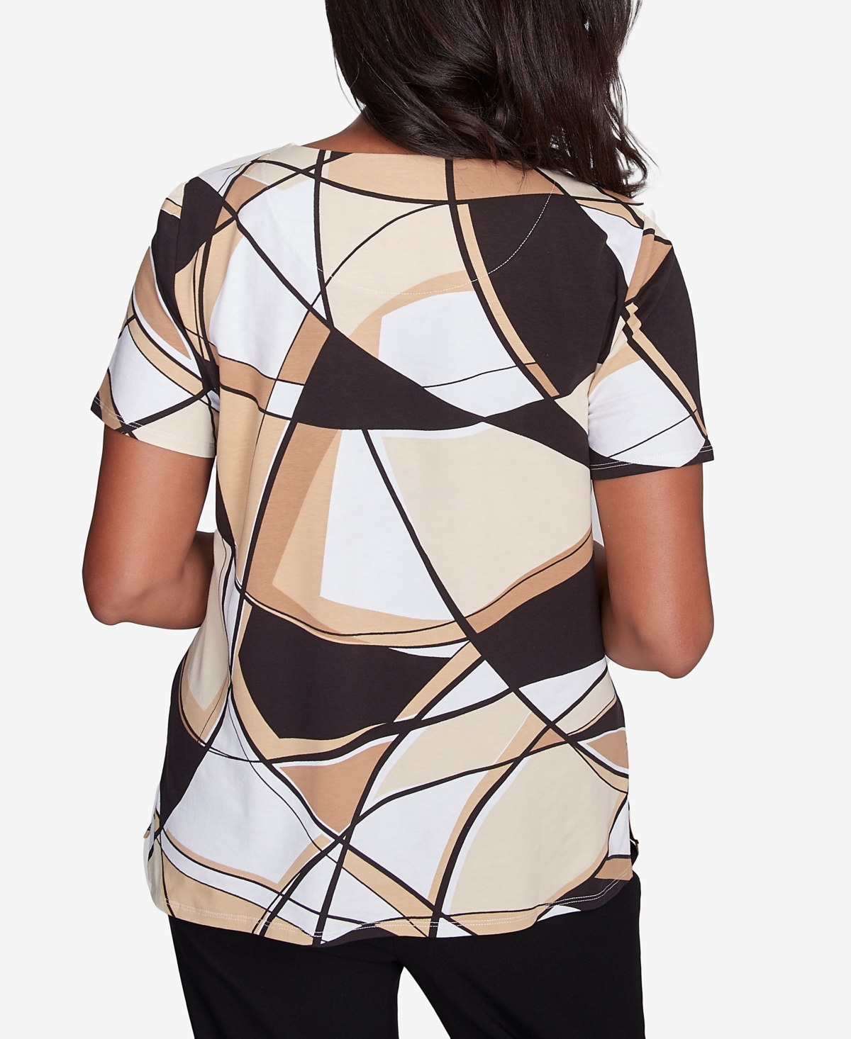 Alfred Dunner Petite Geometric Top With Detailed Neckline In Multi
