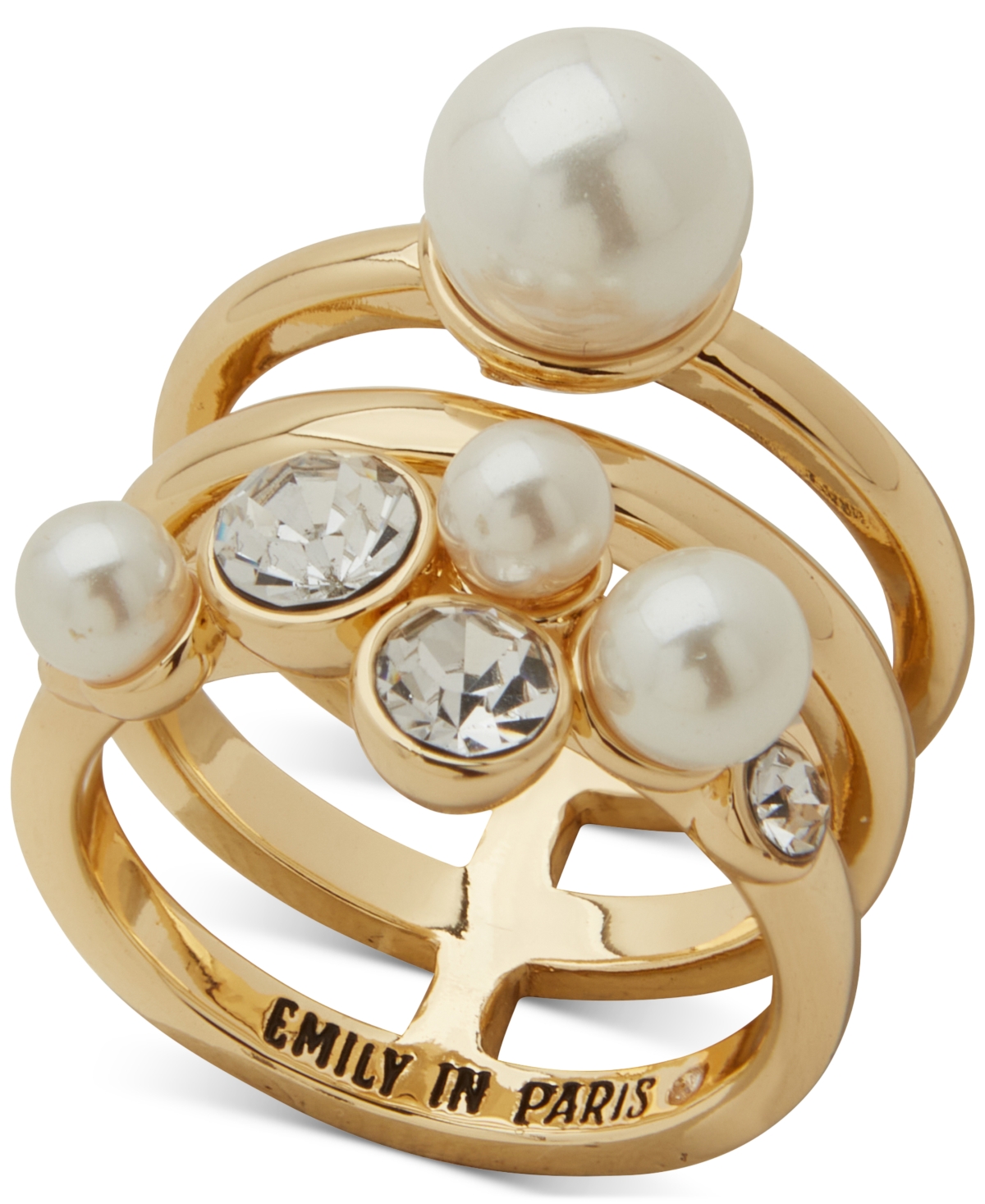 Emily In Paris Gold-tone Crystal & Imitation Pearl Triple-row Ring In White