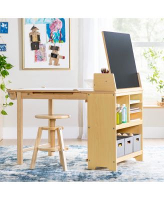Design Studio – White: 3-in-1 Kids Art Table & Stool, Writing, Painting & Drafting Table w/ Craft Storage & Bins, Art Easel with Paper Roll