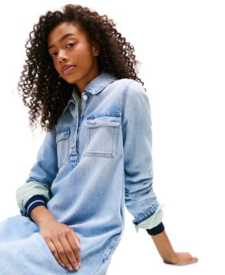 Women's Cotton A-Line Long-Sleeve Denim Dress 