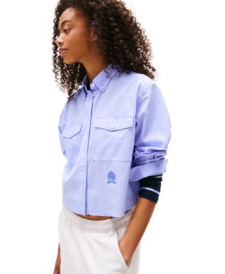 Women's Cotton Crop Button-Front Crest Shirt
