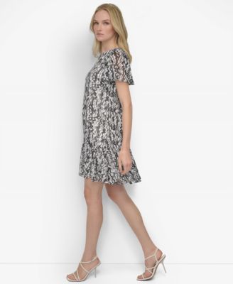 DKNY Women's Printed Flutter-Sleeve Trapeze Dress