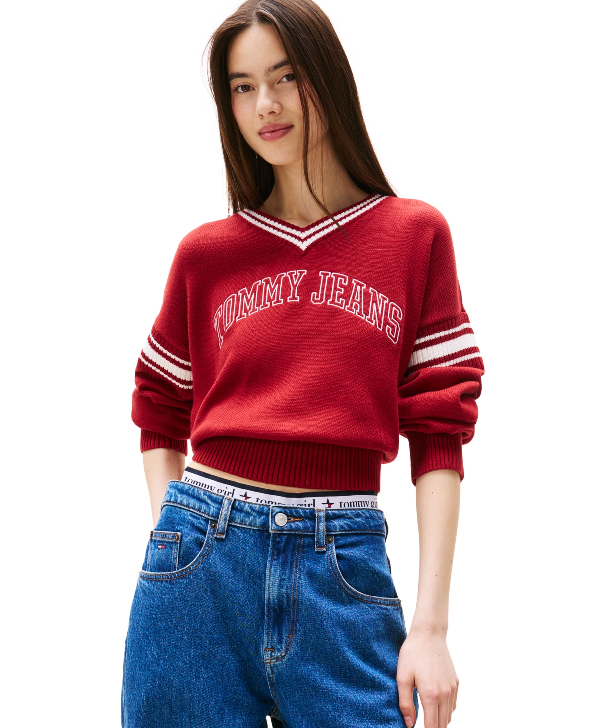 Tommy Jeans Women's Varsity V-neck Cotton Sweater In Red