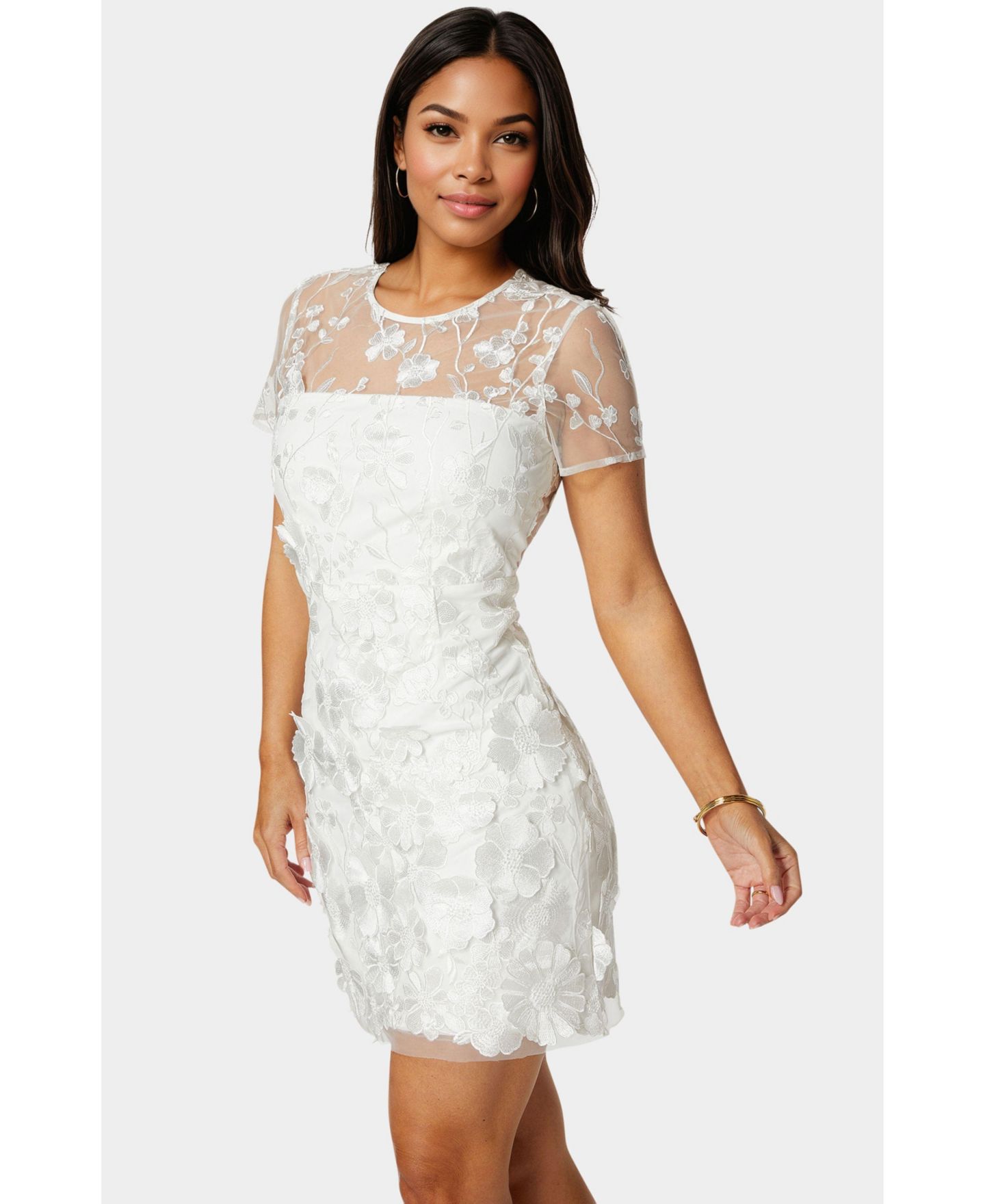 Женское платье Bebe 3D Floral Fit and Flare Mini, цвет: Белый — фото 2