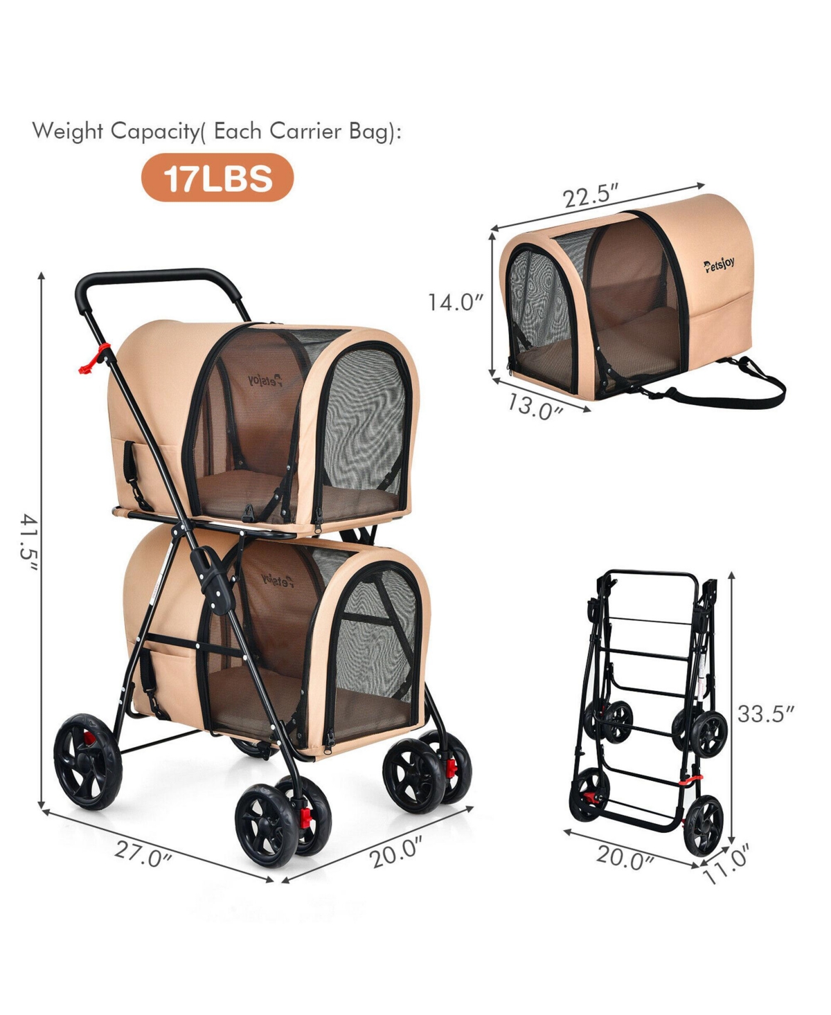 Gymax 4-in-1 Double Pet Stroller w/ Detachable Carrier Travel Carriage for Cats