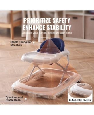 Kids Anti-Rollover Foldable Baby Walker with Adjustable Height Wheels and Feeding Tray