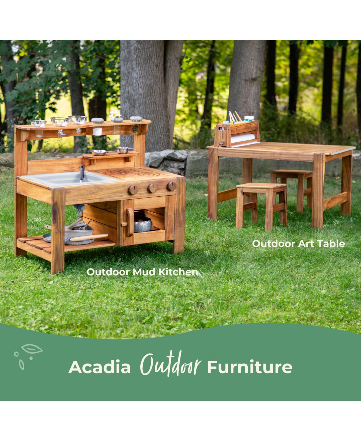 Детский игровой набор Guidecraft Acadia Kids' Outdoor Mud Kitchen Playset - Pretend Play Kitchen with Sink, Stove, and Accessories Wooden Backyard Playset, цвет: Acacia — фото 5