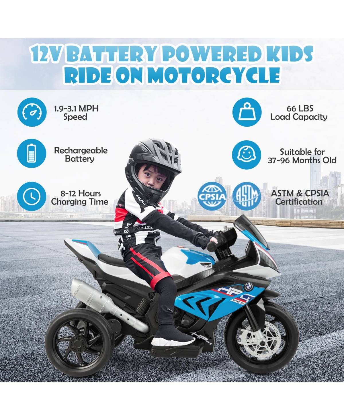 12V Licensed Bmw Kids Motorcycle Ride-On Toy for 37-96 Months Old