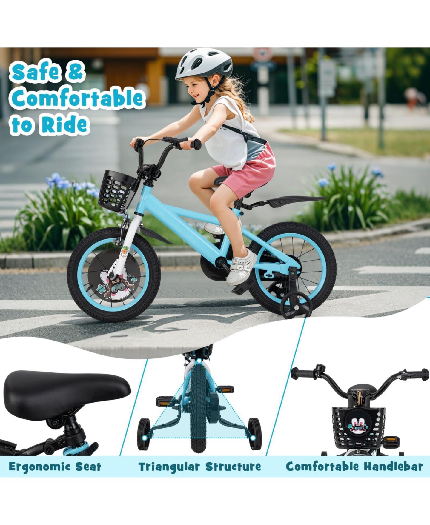 Детская игрушка Mecale 14 Inch Kids' Bike with Adjustable Seat and Handlebar, Training Wheels, Ages 3-8, цвет: Синий — фото 8