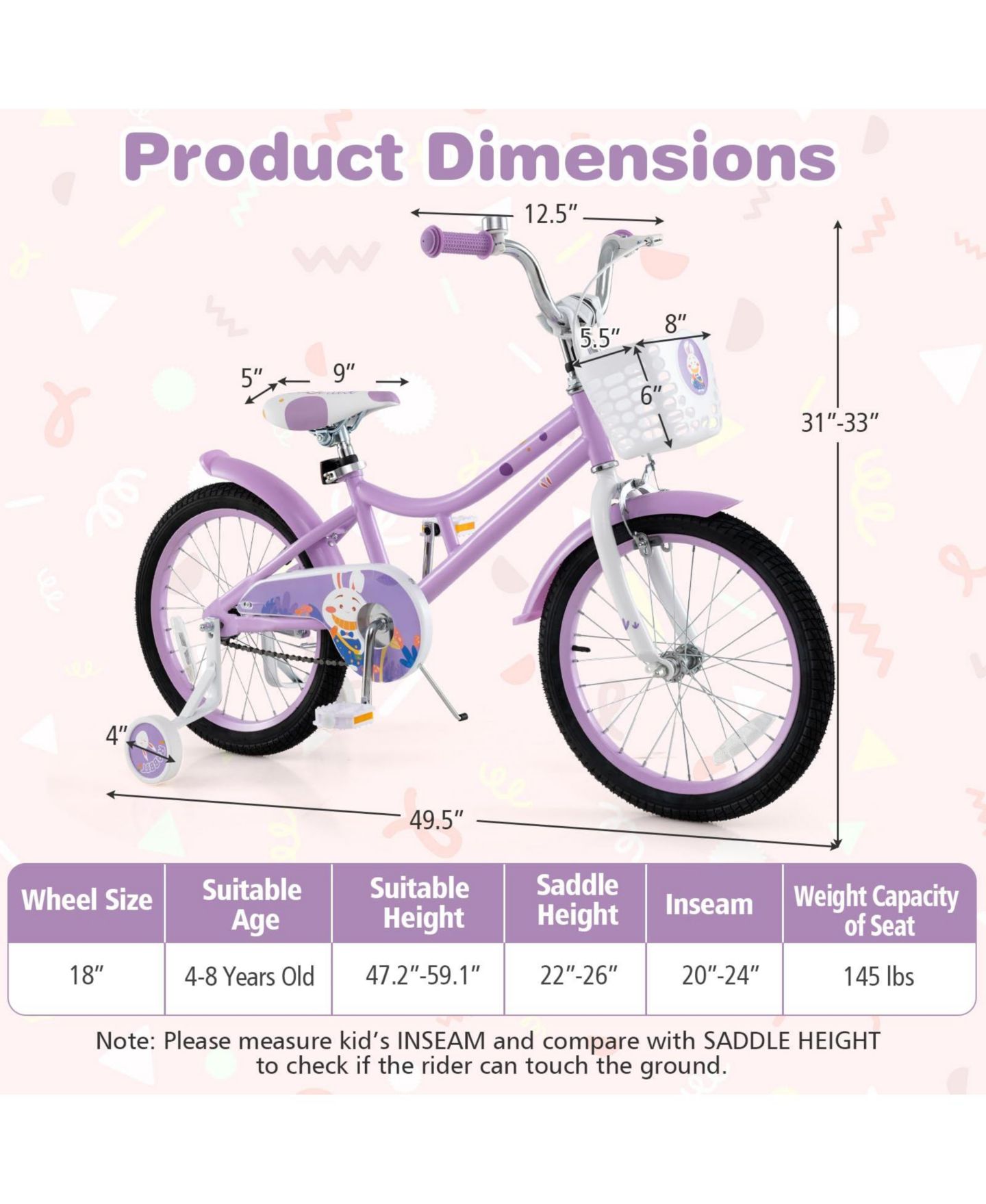Детская игрушка Mecale 18 Inch Girl Bike with Basket with Detachable Training Wheels for 4-8 Years Old, цвет: Фиолетовый — фото 3