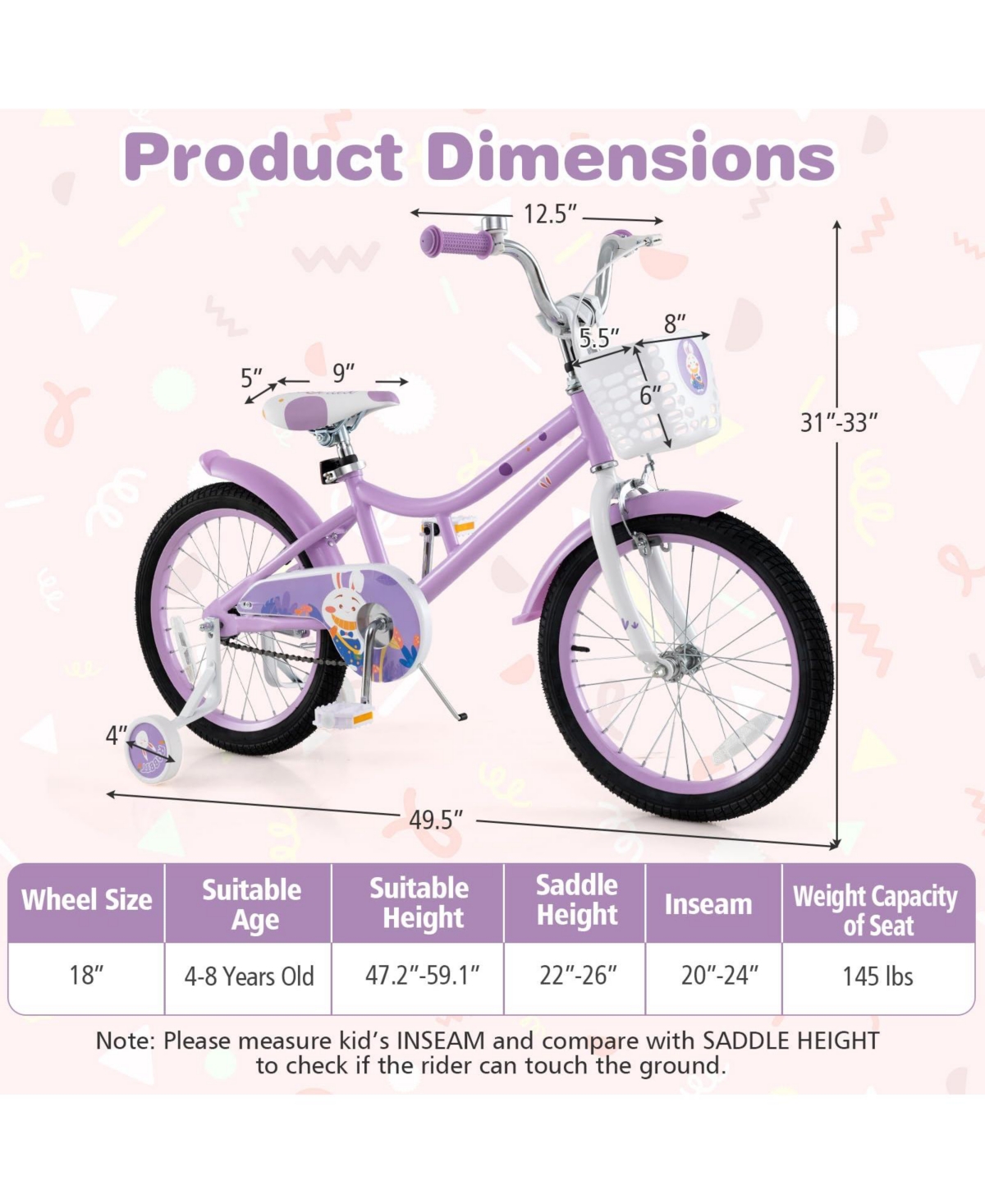 18 Inch Girl Bike with Basket with Detachable Training Wheels for 4-8 Years Old